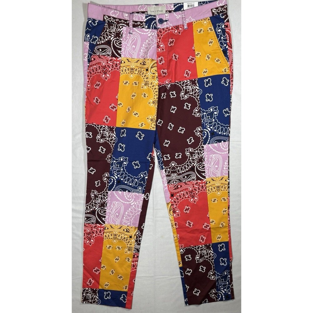 Sun + Stone Pants Men’s 36 MARCUS Bandana Straight Leg Patchwork NWT $55 Retail